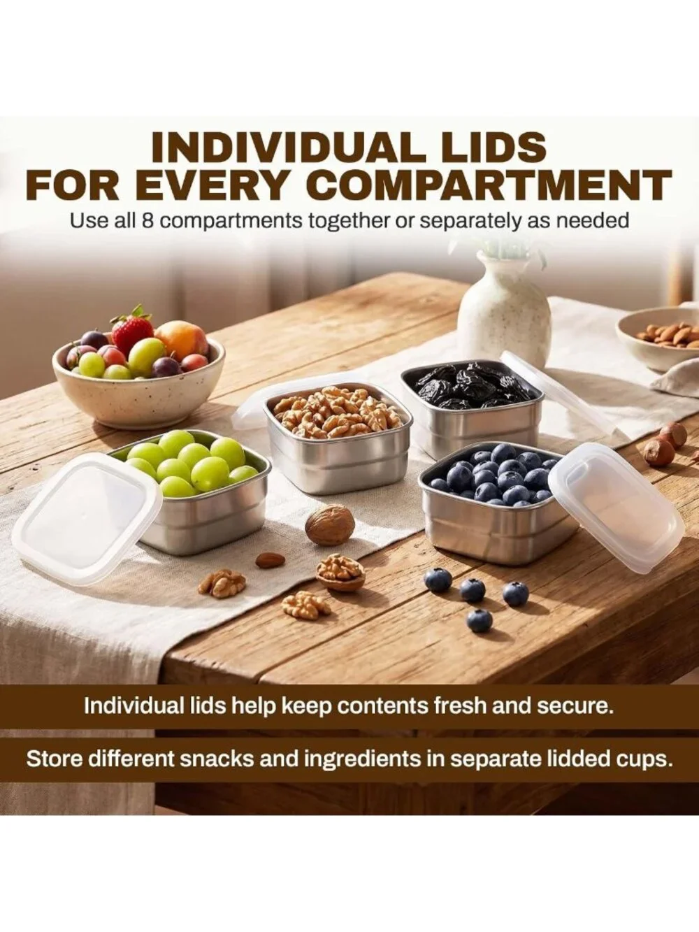 Stainless Steel Snack Organizer Box with Lid & Handle - 8 Compartment Tray for